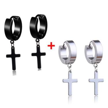 Imagem de Brinco argola cruz aço inox preto prata masculino 2 pares - Azmar Semi