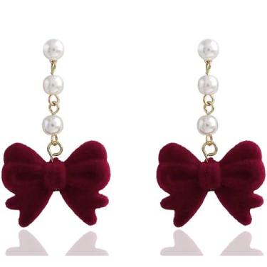 Imagem de Brincos de laço de Natal para mulheres, lindos brincos de laço de pérola, brincos pendurados com strass, brincos de sino de Natal, moda de Natal, brincos de laço vermelho, bijuterias de festa de