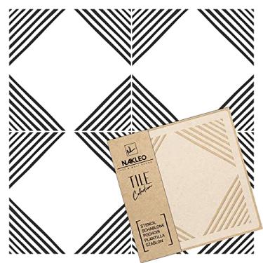 Imagem de NAKLEO Maior Tile Estêncil de plástico reutilizável - 20 x 20 cm / 7,9" x 7,9" - linhas quadradas pintadas à mão - geométrica marroquina - modelo de pintura de parede de concreto bloco de pavimentação