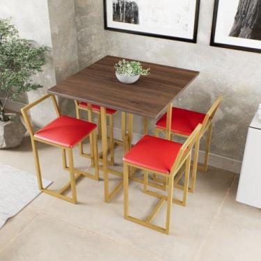 Imagem de Conjunto Mesa Imbuia 4 Cadeiras Pequena Estofado Industrial Dourado - 