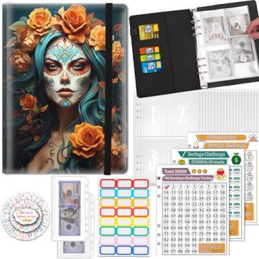 Imagem de Fichário Desafio de Economia de Dinheiro 100 Envelopes, Fichário A5 com 25 envelopes para dinheiro, 3 rastreadores laminados reutilizáveis economizando $5050, $500, $10.000, organizador de dinheiro