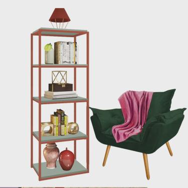 Imagem de Kit Poltrona Fatte com Manta Soft e Estante Livreiro Ferro Bronze mdf Verde Oliva Suede Verde Musgo - Ahazzo Móveis