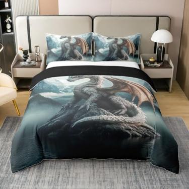 Imagem de Jogo de cama Dragão 100% algodão Fierce Western Wildlife Conjunto de capa de edredom para decoração de quarto de crianças adolescentes animais misteriosos (sem edredom), tamanho casal 3 peças