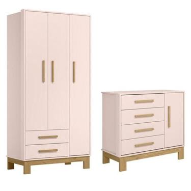 Imagem de Jogo de Quarto Q Encanto Slim Guarda Roupa e Cômoda Rosa - Qmovi