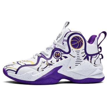 Imagem de Bolognifi Tênis de basquete masculino - Design estiloso com detalhe número 24, cano alto - calçados esportivos de cano alto para suporte ideal Equipamento de basquetebol(2-purple,42 BR)
