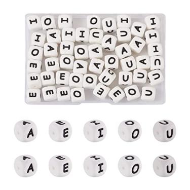 Imagem de Elecrelive 50 peças de contas brancas de silicone letras cubo alfabeto contas de silicone vogal A/E/I/O/U para caneta, colares, pulseiras, chaveiros
