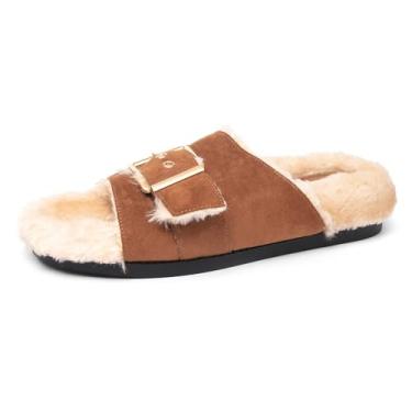 Imagem de NEWBELLA Pantufas femininas planas peludas – Deslizadores fofos com fivela ajustável para casa e ao ar livre, sandálias aconchegantes de bico aberto para outono e inverno, Marrom, 37