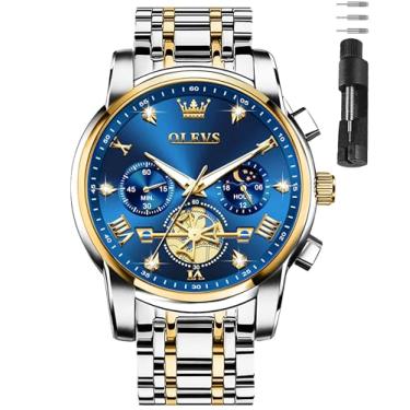 Imagem de OLEVS Relógios masculinos de luxo de aço inoxidável, relógio social fácil de ler, mostrador grande, cronógrafo, casual, analógico, números romanos, reloj para hombre, Pulseira dourada e prata face