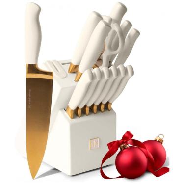 Imagem de Conjunto de Facas Revestidas de Titânio com Bloco de Bancada e Afiador Embutido, 14 Peças, STYLED SETTINGS, Branco e Dourado