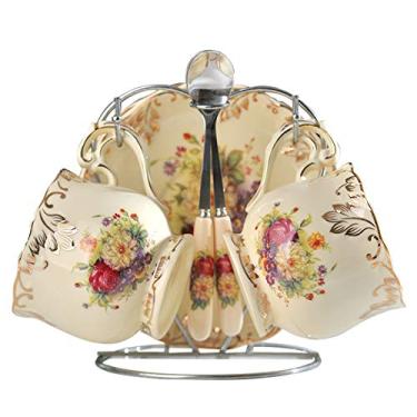 Imagem de YOLIFE Conjunto de 2 xícaras de chá e pires, xícaras de chá de porcelana floral vintage com suporte - 227 g
