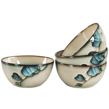 Imagem de jinsongdafa Conjunto de tigelas de cereais de cerâmica, 590 ml, para molho, sopa, salada, macarrão, aveia, conjunto de 4 tigelas desenhadas à mão - conjunto de tigelas de creme de sobremesa de arroz