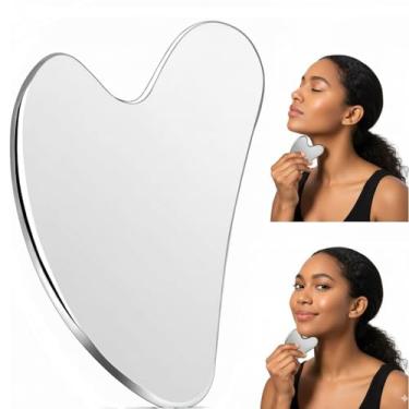 Imagem de Massageador de coração Gua Sha de aço inoxidável com bolsa, ferramenta de massagem facial e corporal de metal para cuidados com a pele em casa e uso esteticista, prata, grande