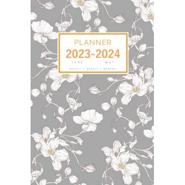 Imagem de Planner June 2023-2024 May: 6x9 Medium Notebook Organizer with Hourly Time Slots | Hand-Drawn Blossom Apple Flower Design Gray