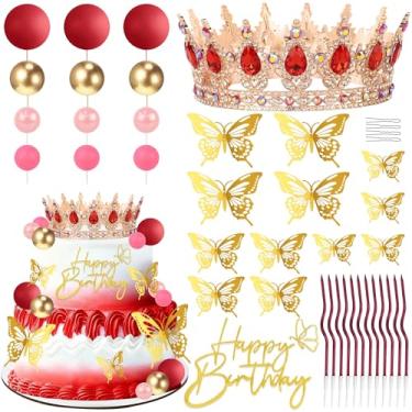 Imagem de Topo de bolo de coroa de aniversário, decorações de bolo com topo de bolo de feliz aniversário, bolas, borboletas douradas, Corona para pastel para mulheres, princesa, decoração de festa de casamento