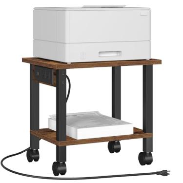 Imagem de TUTOTAK Suporte para Impressora de 2 Níveis, Carrinho com Tomadas Elétricas e Portas USB, Mesa de Impressora Móvel com Rodas, para Embaixo da Mesa, Escritório, Casa, Marrom
