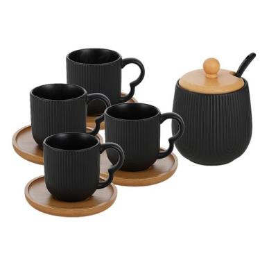 Imagem de Kit 4 Xícaras Café Porcelana 90ml com Pires Bambu Açucareiro Oásis Hau