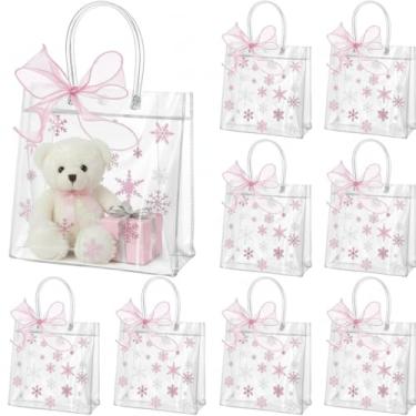 Imagem de Henoyso 24 sacos de presente transparentes de floco de neve, PVC, Natal, inverno, festas, lembrancinhas, sacolas de plástico para doces com alças e fita, 7,8 x 7,8 x 7,8 x 3,1 (rosa, branco, flocos de