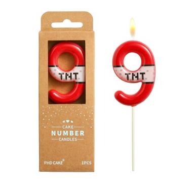 Imagem de PHD CAKE Velas de aniversário número 9 de pixel vermelho de 6 cm, velas com números temáticos TNT, velas com número de bolo, celebração de festa