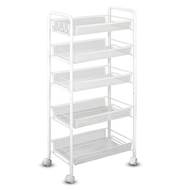 Imagem de Carrinho utilitário com rodinhas de tela de 5 camadas, carrinho de armazenamento de metal bloqueável sobre rodas, organizador fino de cozinha e banheiro com 4 ganchos, carrinho de rodinhas versátil