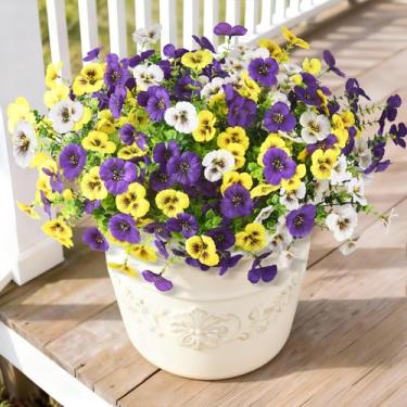 Imagem de Flores artificiais falsas de amor-perfeito para ambientes externos, 12 peças de flores amores-perfeitos de seda sintética para decoração de primavera e verão, plantas falsas resistentes a UV para