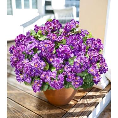 Imagem de Flores artificiais de gerânios falsos para atividades ao ar livre, 6 pacotes de flores falsas de gerânios de seda roxa, plantas artificiais realistas, resistentes a UV, para plantadores externos