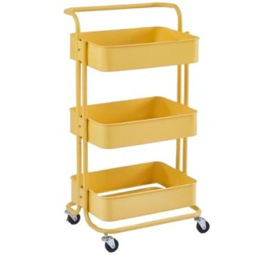 Imagem de Carrinho de rodinhas de 3 camadas, organizador de banheiro de aço carbono amarelo, estante móvel à prova d'água com rodas para arte, artesanato, fraldas e soluções de armazenamento de cabeceira