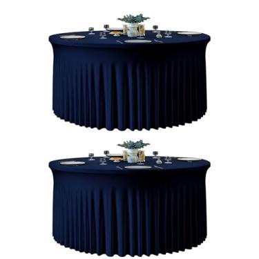 Imagem de Fixoro Pacote com 2 toalhas de mesa de elastano azul marinho para mesa redonda de 152 cm, toalha de mesa elástica de 300 cm, capa de mesa sem rugas com saia para aniversário, casamento, banquete