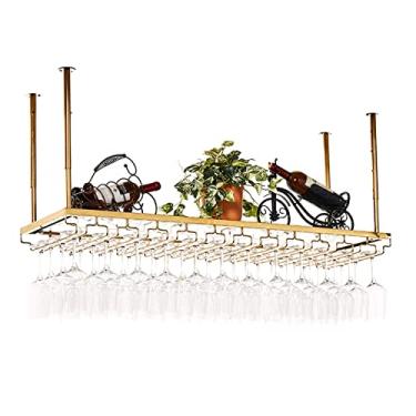 Imagem de Rack de vinho de metal dourado com suporte de vidro, prateleira de armazenamento de taças de altura ajustável, prateleira de vinho para parede, prateleira decorativa de teto para bares, restaurantes