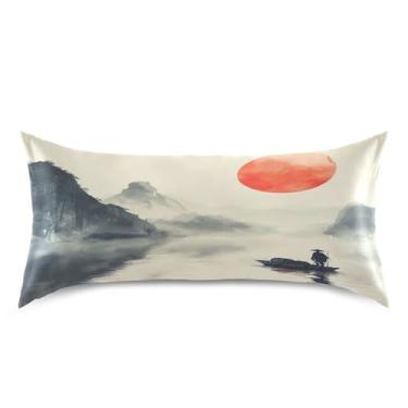 Imagem de xigua Fronha de cetim com pintura a tinta chinesa para cabelo e pele, lavável à máquina, antiderrapante, refrescante, almofada de cama king size com fecho de envelope, 50,8 cm x 101,6 cm