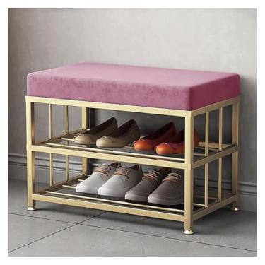 Imagem de Armário de sapatos estofado estofado para entrada, sapateira de metal para corredor com almofada, organizador de sapatos de 2 níveis, banco de quarto otomano (tamanho: 80 x 35 x 45 cm, cor: A)