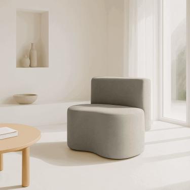 Imagem de Puff com Encosto Feijão Curvo Orgânico Redondo Espuma Linho Suede Bege para Sala Online Confort