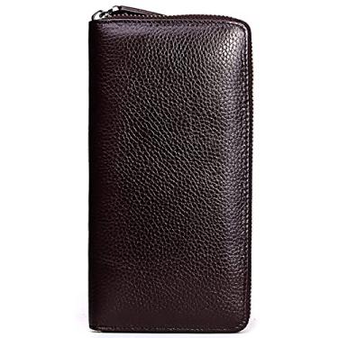 Imagem de Porta-carteira de couro masculino e bolso para moedas com zíper, 10 porta-cartões de crédito, carteiras de couro legítimo, bolsa fina 10 x 2 x 20 cm, carteira de couro masculina, marrom
