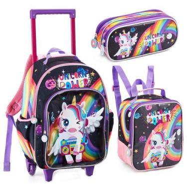 Imagem de Kit Mochila Escolar Infantil Meninas Com Rodinhas Unicórnio Denlex