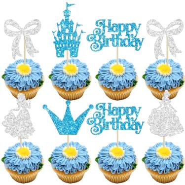 Imagem de Gyufise 24Pcs Frozen Princess Cupcake Toppers Glitter Castle Bowknot Happy Birthday Cake Topper Decorations for Princess Happy Birthday Baby Shower New Year Party Supplies Blue Silver