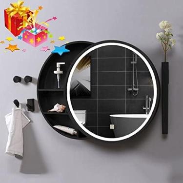 Imagem de Armário de remédios com luzes, espelho de armazenamento de banheiro iluminado por LED, espelho deslizante de parede redondo (cor: cor nogueira, tamanho: armário de espelho de 70 cm), preto, armário