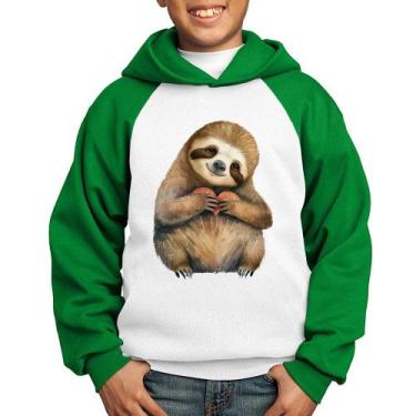 Imagem de Moletom Infantil Bicho Preguiça Coração - Foca na Moda, Branco, Verde,