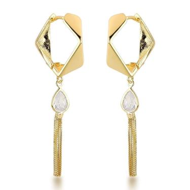 Imagem de Brincos De Argola Com Pendente Gota E Franja - Ouro 18k Banhado Prata