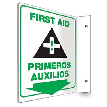 Imagem de Accuform SBPSP756 Placa de projeção bilíngue espanhola 90D, "First AID/PRIMEROS AUXILIOS (seta)", painel de 30,5 cm x 23 cm, plástico de alto impacto de 0,3 cm de espessura, verde/preto em branco