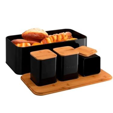 Imagem de Conjunto Porta Pão com 3 Potes Organizadores em Metal com Tampa de Bambu (Preto)