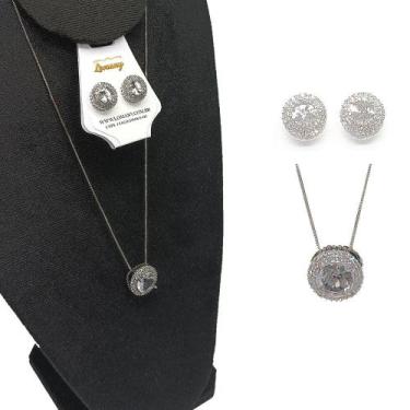 Imagem de Conjunto Colar e Brinco Redondo Ródio Branco Zircônia-r.05 - Lomany Co
