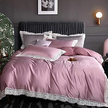 Imagem de Conjunto de capa de edredom cor pura renda 4 peças verão gelo seda macia capa de edredom algodão linho fronha dupla (I King)