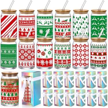 Imagem de Layhit Conjunto de 12 copos de vidro para presentes de Natal, 473 ml, copo de cerveja em forma de lata com tampas, canudos, presentes de agradecimento de funcionários de Natal, copos com pincéis