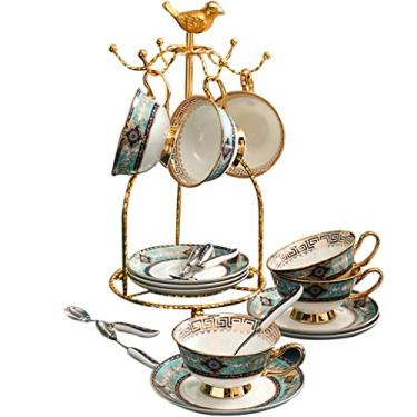 Imagem de Conjunto de 6 xícaras de café expresso com 6 xícaras de café de arte em estilo europeu, xícara de chá de porcelana vintage requintada, caneca de café expresso com pires e suporte, para todos os tipos