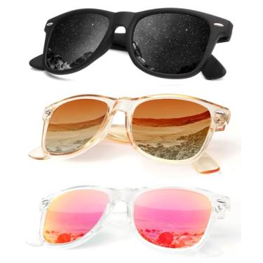 Imagem de Pacote com 3 óculos de sol polarizados para homens e mulheres com acabamento fosco, lentes espelhadas coloridas, Preto + moldura de chá transparente + rosa sakura