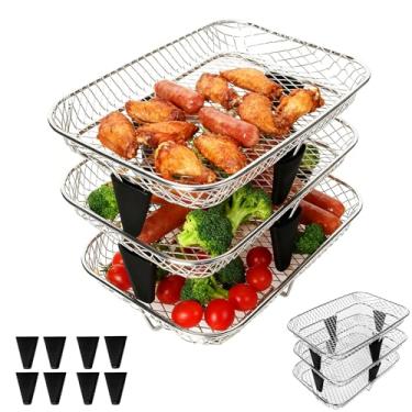 Imagem de GWBSXM Racks de fritadeira empilháveis de 3 camadas com clipe extra e pés antiderrapantes. Bandejas desidratadoras de aço inoxidável de 18,8 x 12,7 x 4,3 cm com um design retangular preciso.