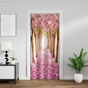 Imagem de Cortinas de porta estilo japonês para porta privacidade Cherry Blossoms Avenue florescendo rosa floral flor jardim arte cortina de porta para quarto de meninas sala de estar 106 x 203 cm, 1 painel