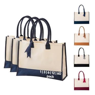 Imagem de Sacola de casamento com placa inferior e fita – Bolsa de presente 100% algodão para damas de honra, chá de panela, eventos, uso personalizado, Azul-marinho, 3-Pack