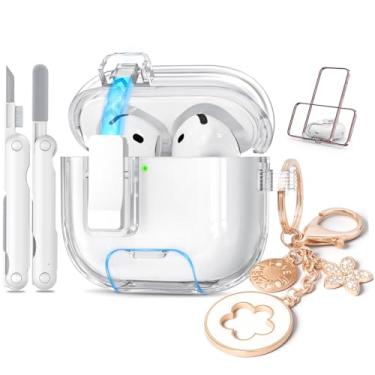 Imagem de Joremx Capa transparente para Airpods 4, capa transparente de TPU macio para Apple Airpods 4ª geração (2024) com kit de limpeza trava e chaveiro brilhante, função de suporte de telefone (limpo)