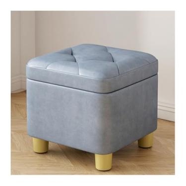Imagem de HGTRH Banqueta de armazenamento multifuncional com moldura de madeira maciça, tecido tecnológico de fácil limpeza, design compacto empilhável para sala de estar, apoio para os pés e assento azul