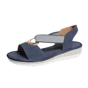 Imagem de Sandália feminina primavera verão elástica cor sólida bico redondo bico aberto, sola macia respirável design plano para uso casual, Azul royal, 35